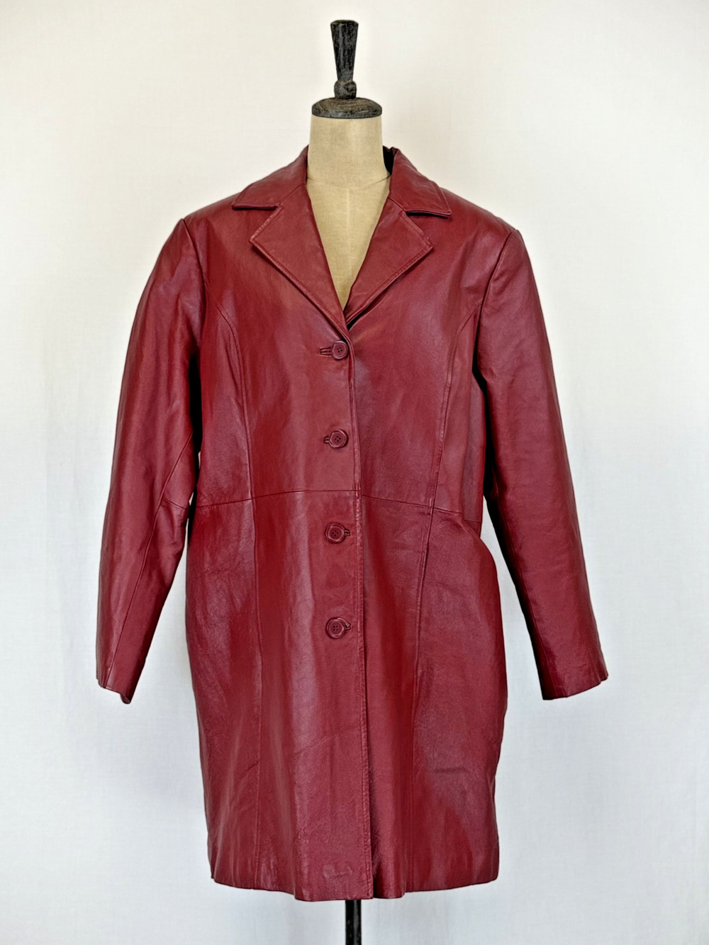 Vintage Y2K Phase Two Red Leather Trench Coat Womens XXL #0336